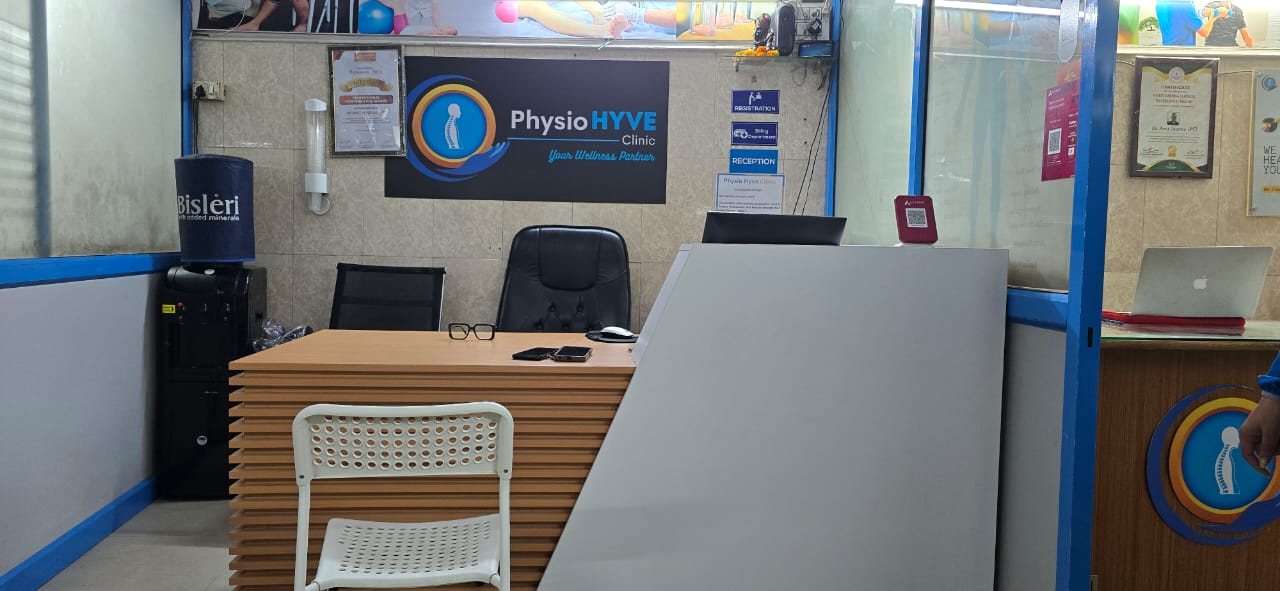 Reception and registration desk at Physio Hyve Clinic Nangloi with the Physio Hyve signboard